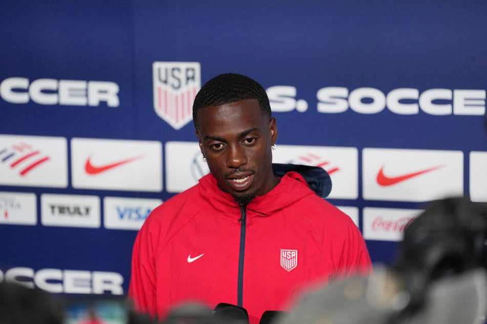Tim Weah of the USMNT speaks during a press conference in Irvine, California, on June 10, 2026.