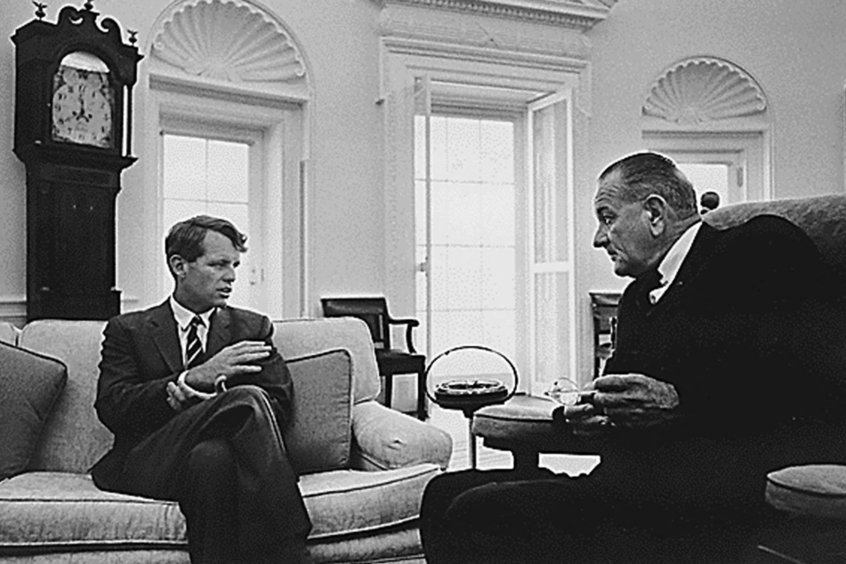 This June 22, 1966 photo shows Senator Robert F. Kennedy (l.) and President Lyndon B. (r.) Johnson during a meeting in the Oval Office at the White House in Washington, DC.
