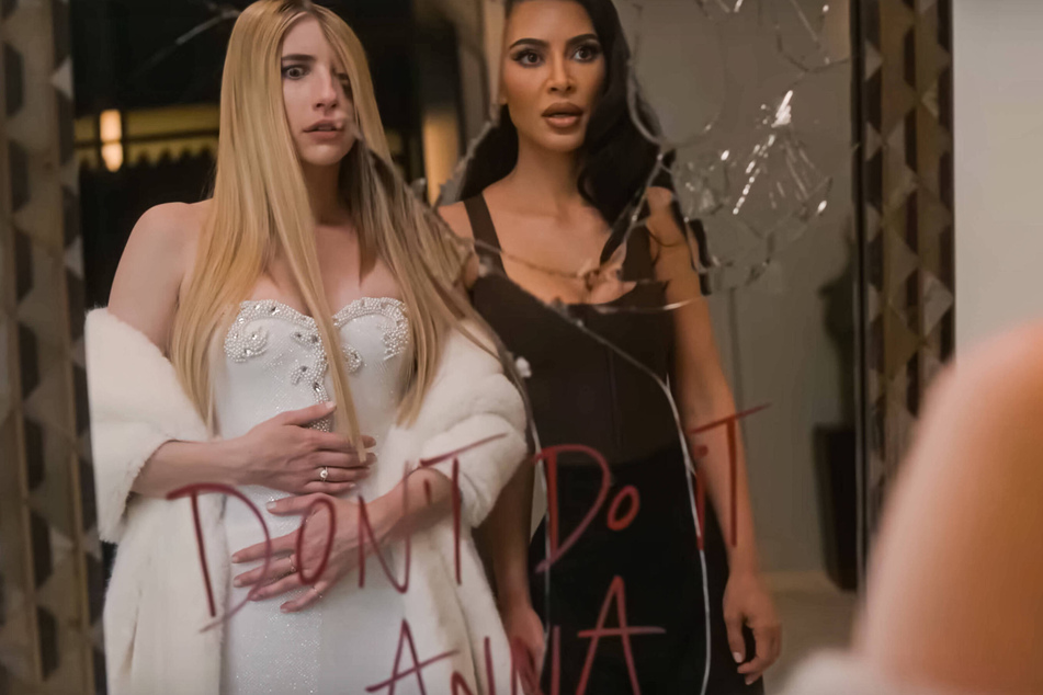 Emma Roberts and Kim Kardashian star as Anna Victoria Alcott and Siobhan Corbyn, respectively, in American Horror Story: Delicate.