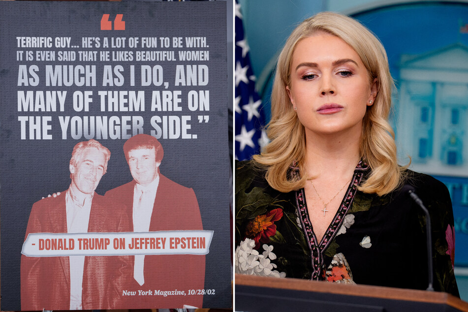 White House Press Secretary Karoline Leavitt (r.) claimed that Democrats are creating a "fake narrative" by leaking emails from Jeffrey Epstein about Trump.
