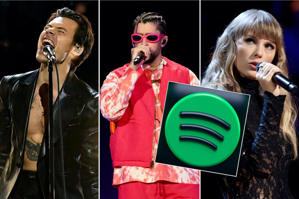 (From l. to r.) Harry Styles, Bad Bunny, and Taylor Swift ranked among the most-streamed artists on Spotify in 2022.