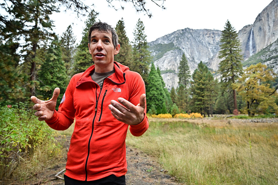 Rock climber Alex Honnold, famed for his free solo ascents of El Capitan, speaks at Yosemite National Park, California on October 26, 2025.
