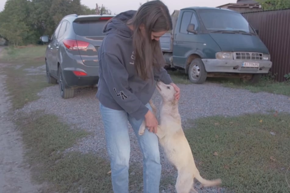 Both women greet the furry friend as if they've known him forever.