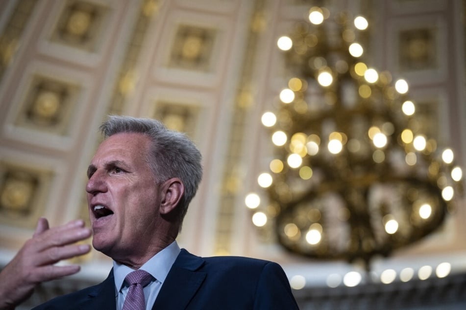 House Speaker Kevin McCarthy answers questions about the Hunter Biden investigation during a press conference at the US Capitol.