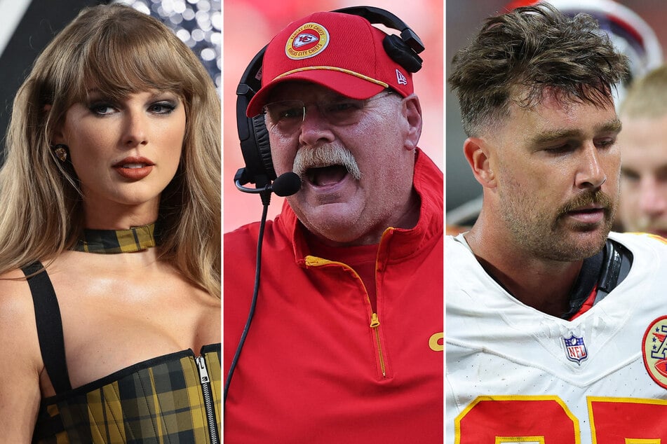 As Travis Kelce (r.) continues to struggle, Chiefs Coach Andy Reid has hit back at speculation that the athlete's romance with Taylor Swift (l.) is to blame.