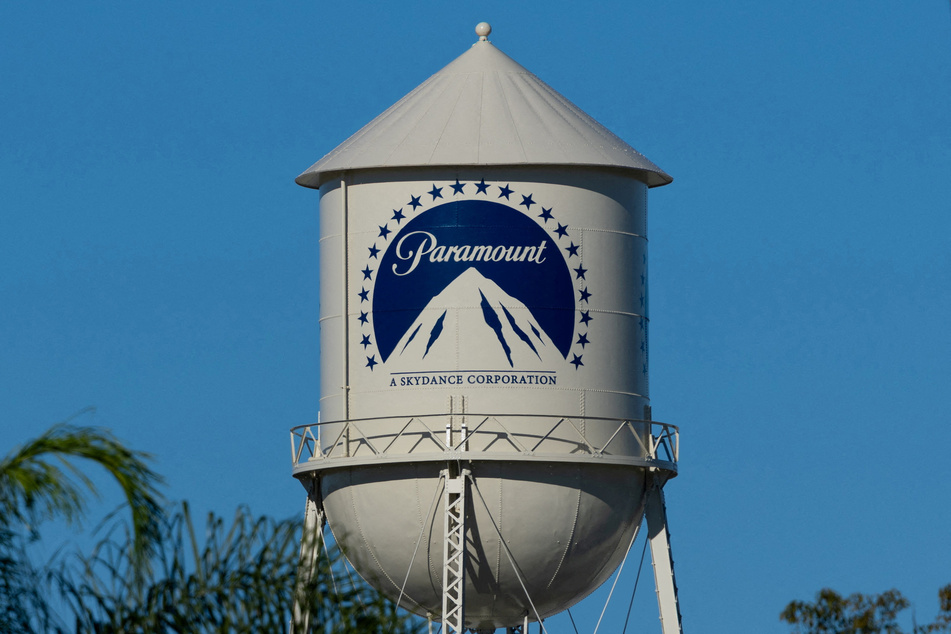 The Paramount water tower is pictured on the Paramount studio lot in Los Angeles, California, on January 13, 2026.