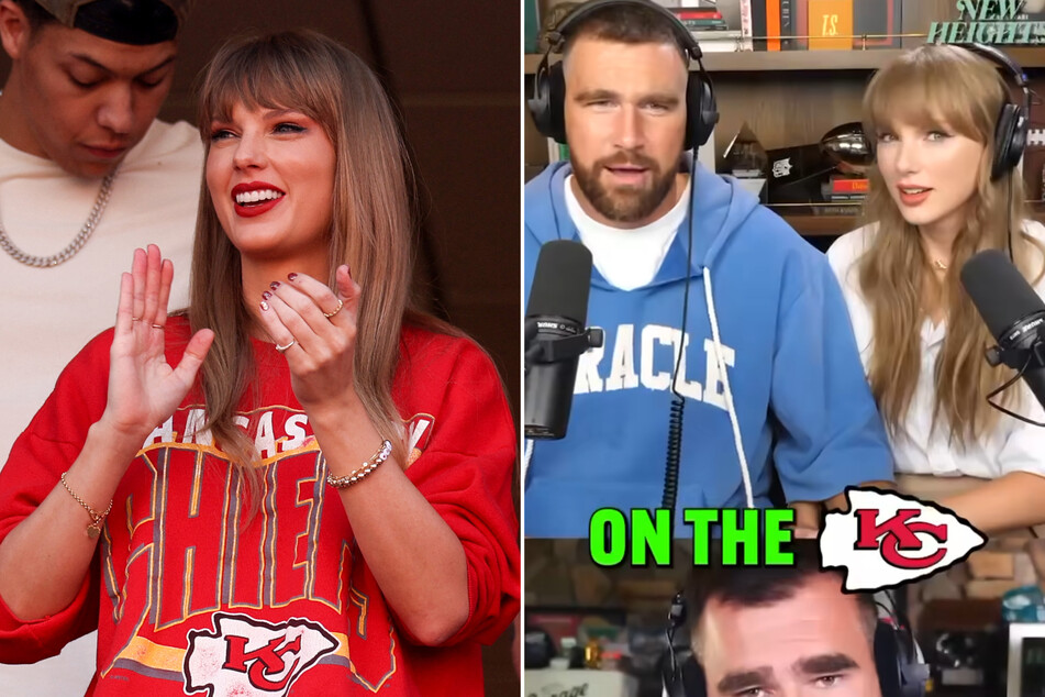 Taylor Swift (l.) shook off the grumpy sports fans criticizing her presence in the NFL world as she joined the New Heights podcast on Wednesday.