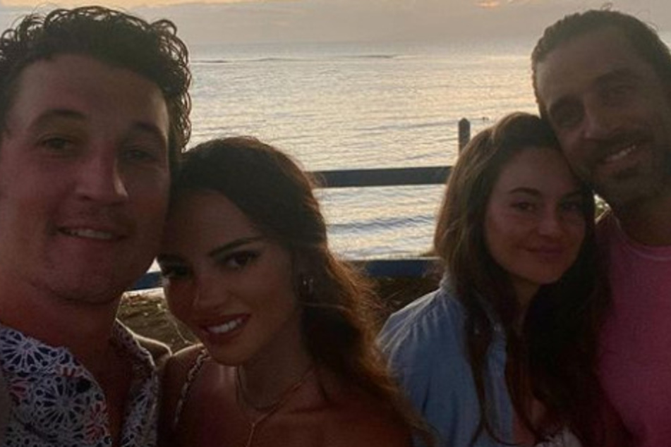 Aaron Rodgers and Shailene Woodley (r) recently vacationed with Miles Teller and his wife, Keleigh (l).