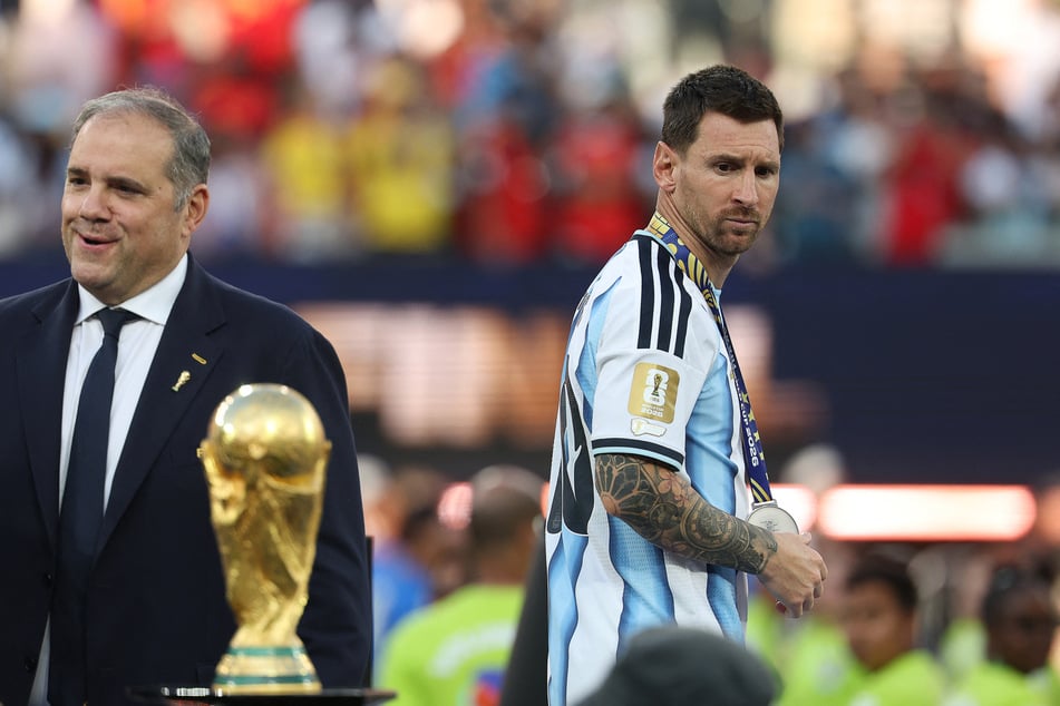 Lionel Messi reacts during the trophy ceremony at the end of the 2026 World Cup final between Spain and Argentina at the New York/New Jersey Stadium in East Rutherford on July 19, 2026.
