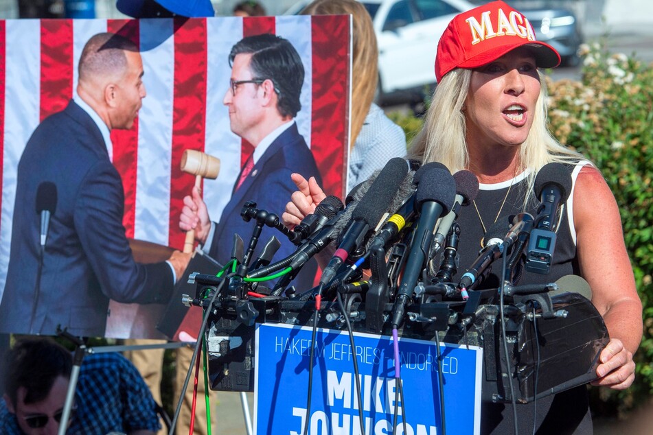 Marjorie Taylor Greene speaking about her motion to vacate House Speaker Mike Johnson during a press conference in Washington, DC on Wednesday, May 1, 2024.
