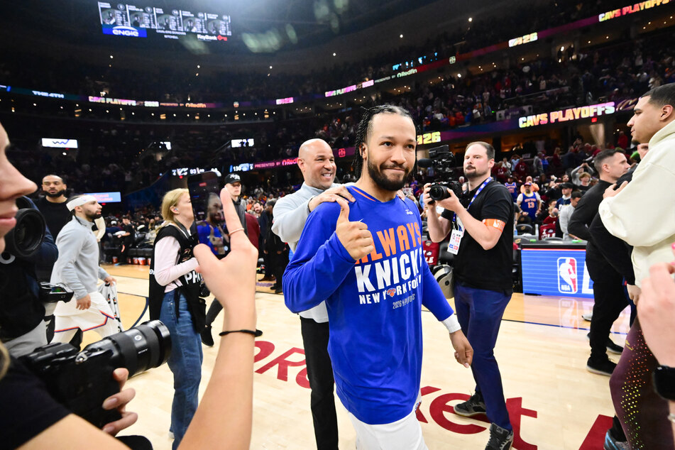 New York Knicks guard Jalen Brunson reacts after defeating the Cleveland Cavaliers in game four of the eastern conference finals.