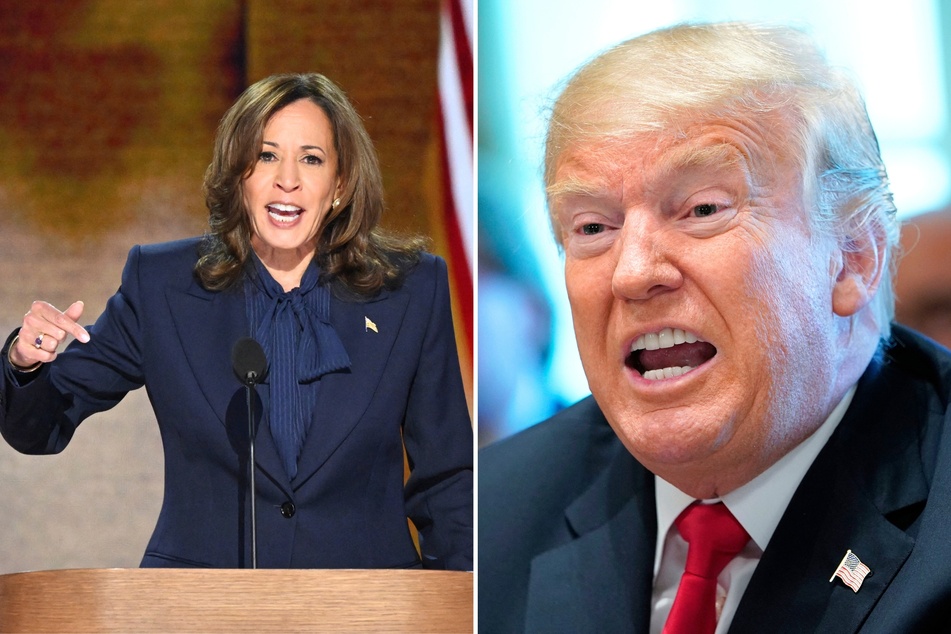 Donald Trump (r.) shared his "play-by-play" assessment as Kamala Harris gave a speech at the final night of the Democratic National Convention.
