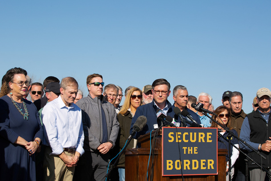 House Speaker Mike Johnson takes questions following a press conference criticizing the Biden administration's immigration policies during a visit to Eagle Pass, Texas.