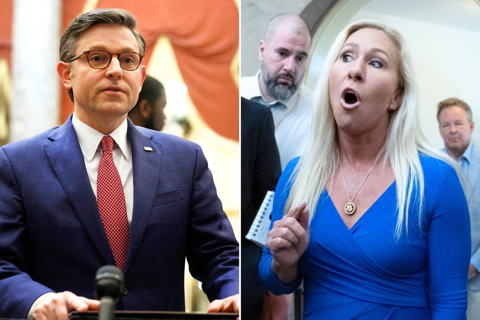 Georgia Representative Marjorie Taylor Greene (r.) recently mocked House Speaker Mike Johnson (l.) for visiting Donald Trump's hush money trial in New York City.