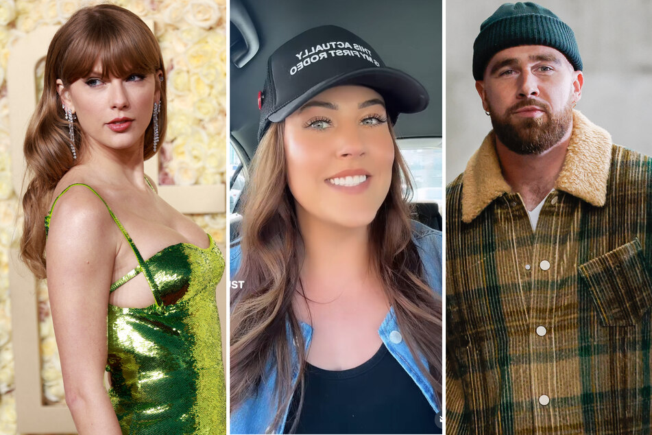 Love Is Blind's Chelsea Blackwell (c.) has begged Taylor Swift (l.) to stop watching the reality show after Travis Kelce did a viral impression of the star.