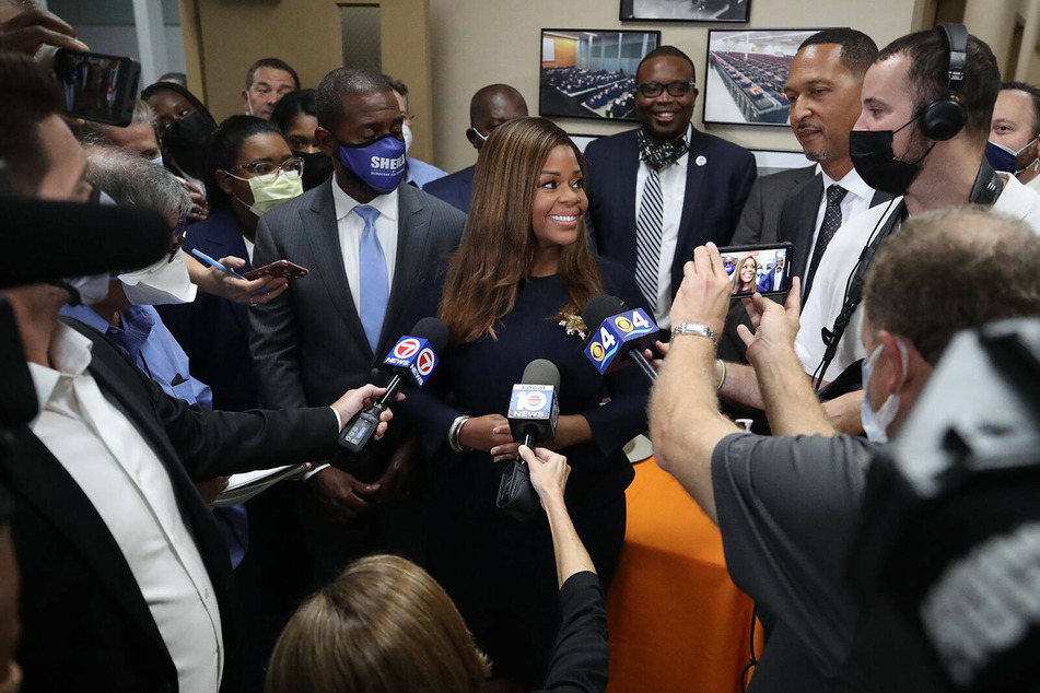 Sheila Cherfilus-McCormick speaks with the press after winning the Democratic primary to represent Florida's 20th congressional district.