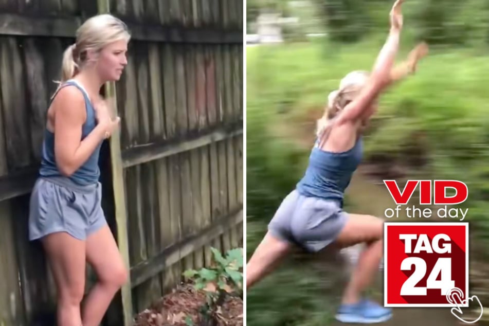 This girl nervously geared up to leap over a tiny stream – only to land in the water and go tumbling into the dirt on the other side.