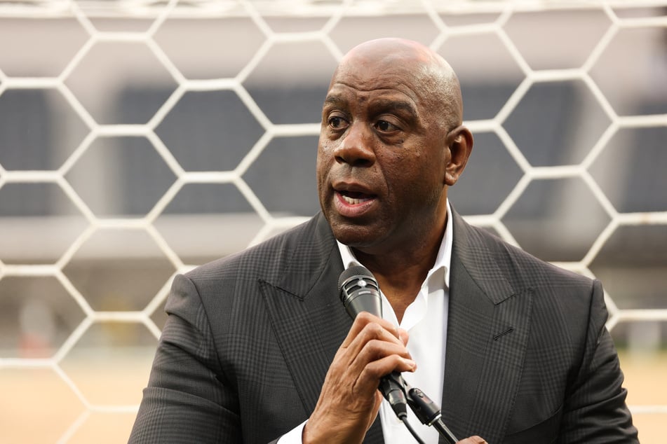 Earvin “Magic” Johnson, Los Angeles World Cup 2026 Community Ambassador, speaks during the 30 Days to FIFA World Cup 2026 media event at SoFI Stadium in Inglewood, California on May 12, 2026.